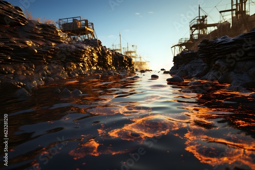 oil spill in the ocean, symbolizing the devastating effects of pollution on marine life and ecosystems. 