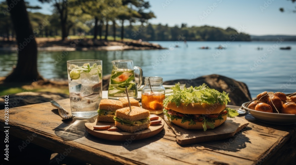 A picnic setup with fruits, sandwiches, and drinks, near a calm lake 