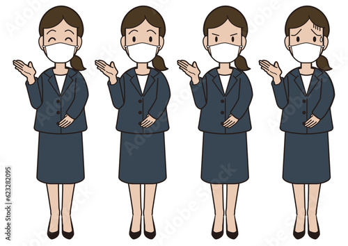 A young woman in a suit wearing a mask Here is the hand guidance introduction