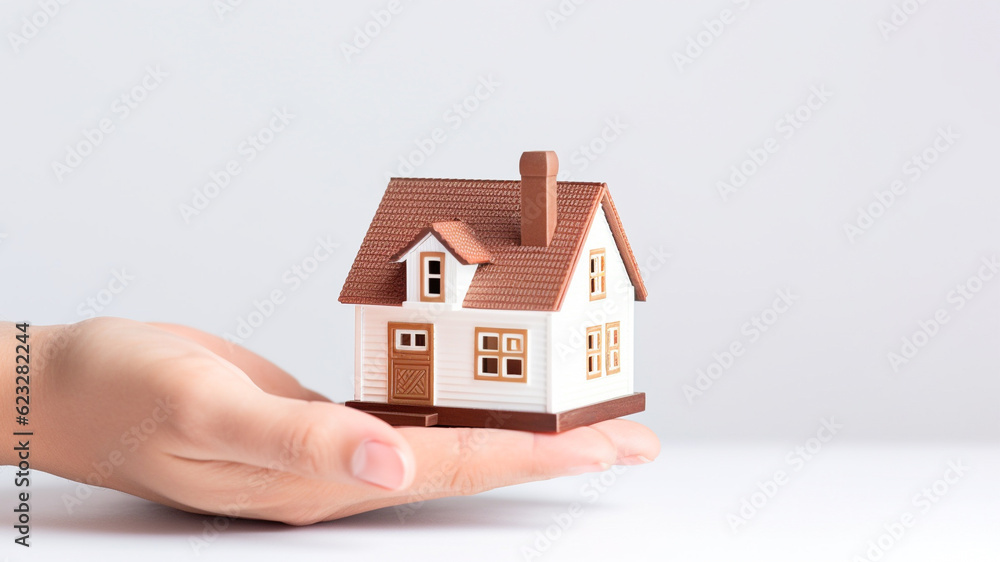 miniature house on hand on white background with copy space. saving money and property investment concept. generative AI miniature house on hand on white background with copy space. saving money and property investment concept. generative AI