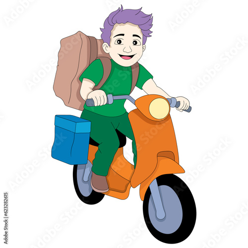 Courier boy carrying ordered goods while riding a motorbike