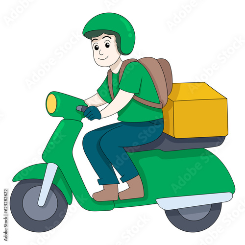 courier man dressed in green is riding a motorbike carrying a parcel