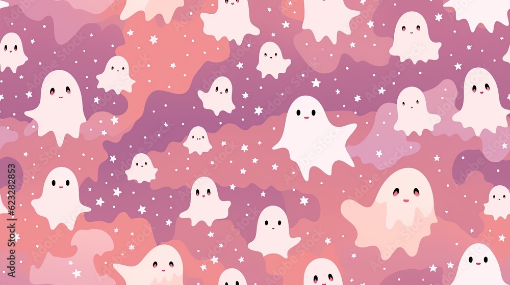 Pastel Ghosts silhouette wallpaper, in the style of light pink and light amber, seamless Halloween background