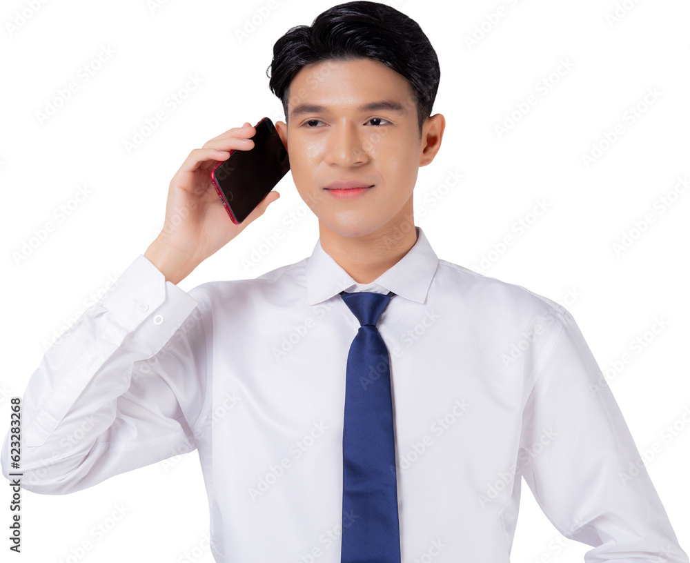 Portrait young asian businessman using smartphone talking, business man standing and speak with smart phone with confident, male using telephone, cut out, one person. Portrait young asian businessman using smartphone talking, business man standing and speak with smart phone with confident, male using telephone, cut out, one person.