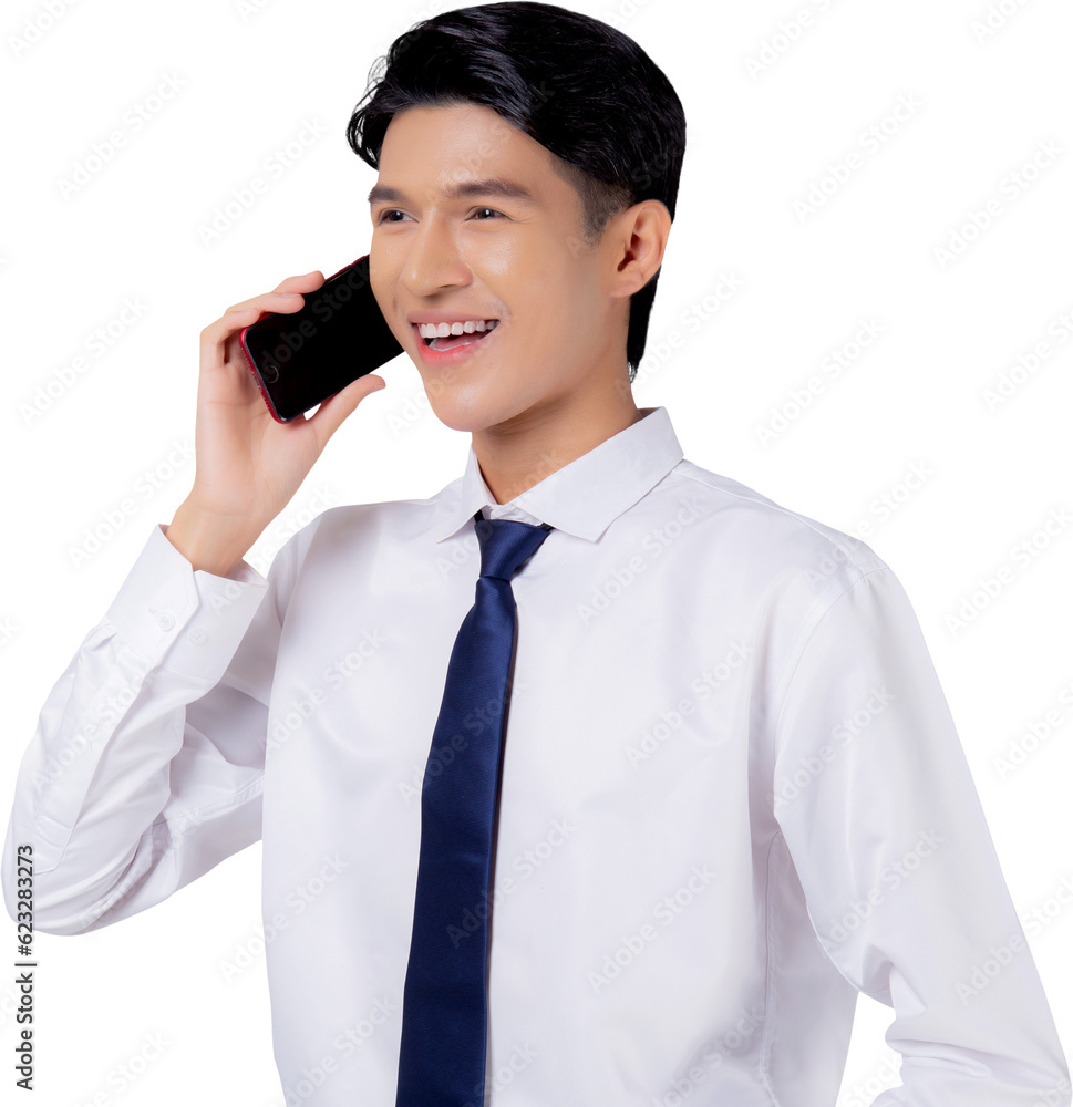 Portrait young asian businessman using smartphone talking, business man standing and speak with smart phone with confident, male using telephone, cut out, one person. Portrait young asian businessman using smartphone talking, business man standing and speak with smart phone with confident, male using telephone, cut out, one person.