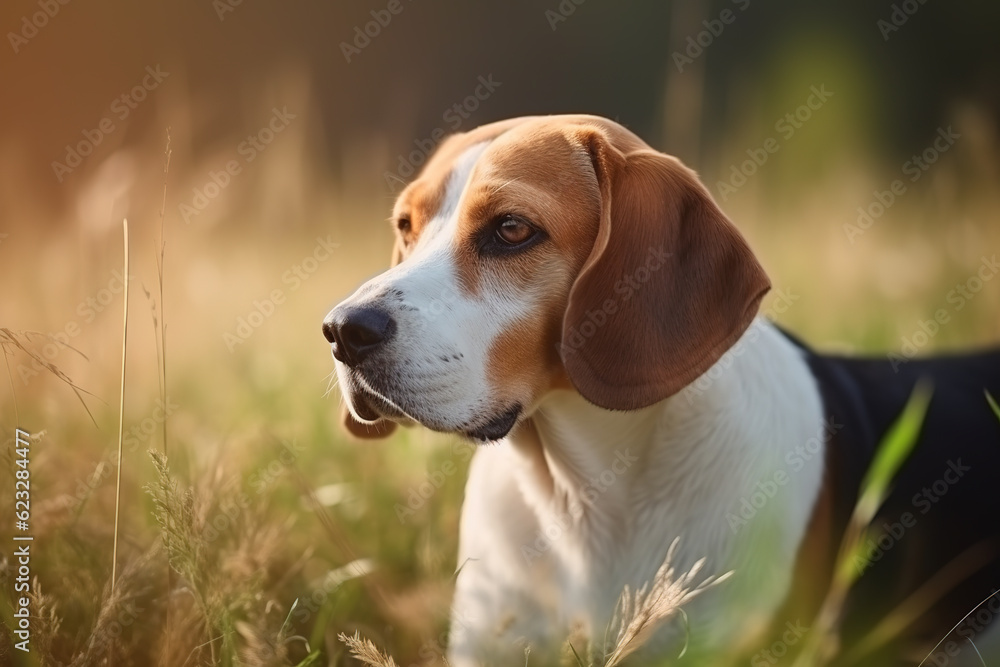 Image of beagle dog resting on green pasture grass on summer. Pet. Animals. Illustration. Generative AI.