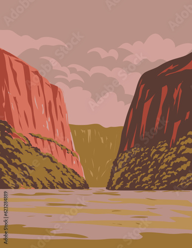 WPA poster art of Sumidero Canyon National Park located in Chiapa de Corzo in the state of Chiapas southern Mexico Mexico done in works project administration or Art Deco style.
