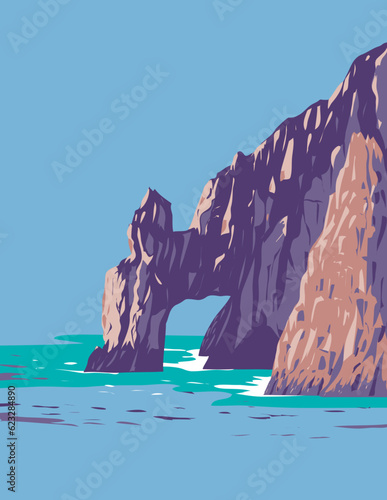 Wallpaper Mural WPA poster art of El Arco or the arch of Cabo San Lucas at the southern tip of Cabo San Lucas in Baja California Peninsula Mexico done in works project administration or Art Deco style