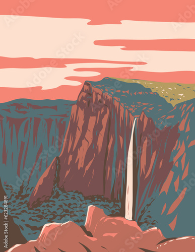 WPA poster art of Basaseachic Falls National Park within in the state of Chihuahua in the heart of Sierra Madre Occidental mountain range Mexico done in works project administration or Art Deco style.