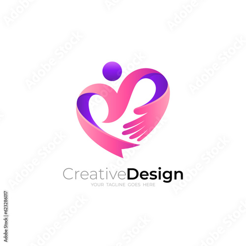 Heart care logo template, people icon with community design