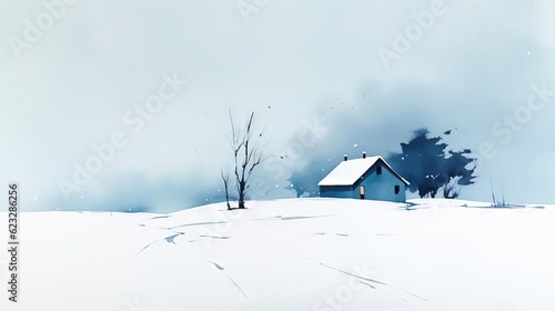 Minimalistic Snowy Landscape with House AI Generated