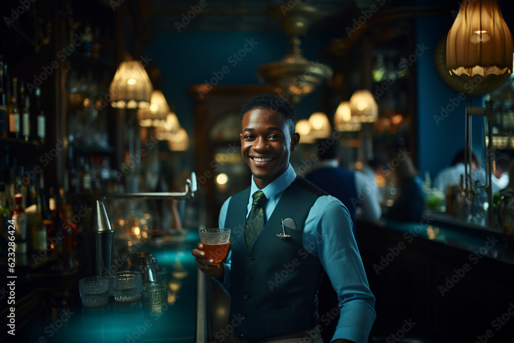 Fototapeta premium Portrait of a young man working behind a bar counter, Master Mixologist: Crafting Exquisite Drinks and Wine at a Refined Restaurant
