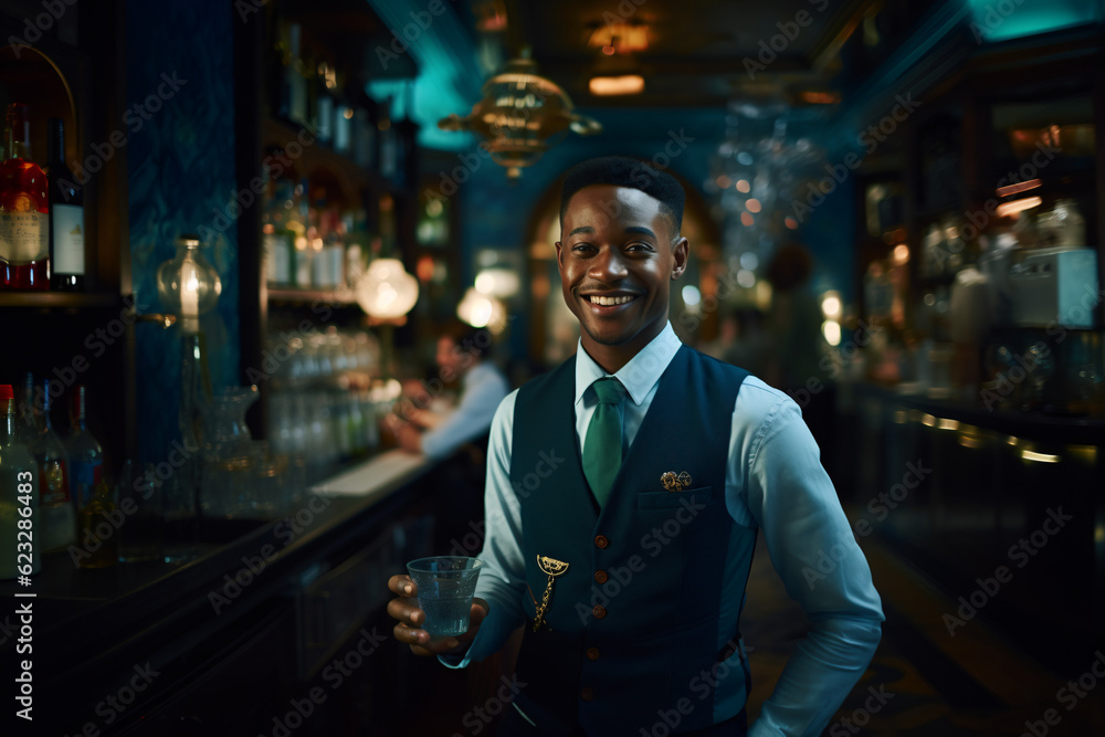 Fototapeta premium Portrait of a young man working behind a bar counter, Mixing Magic: Portrait of a Talented Bartender at Work