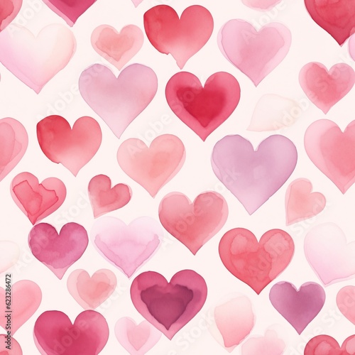 Watercolor hearts seamless pattern on a white background. Hand drawn illustration