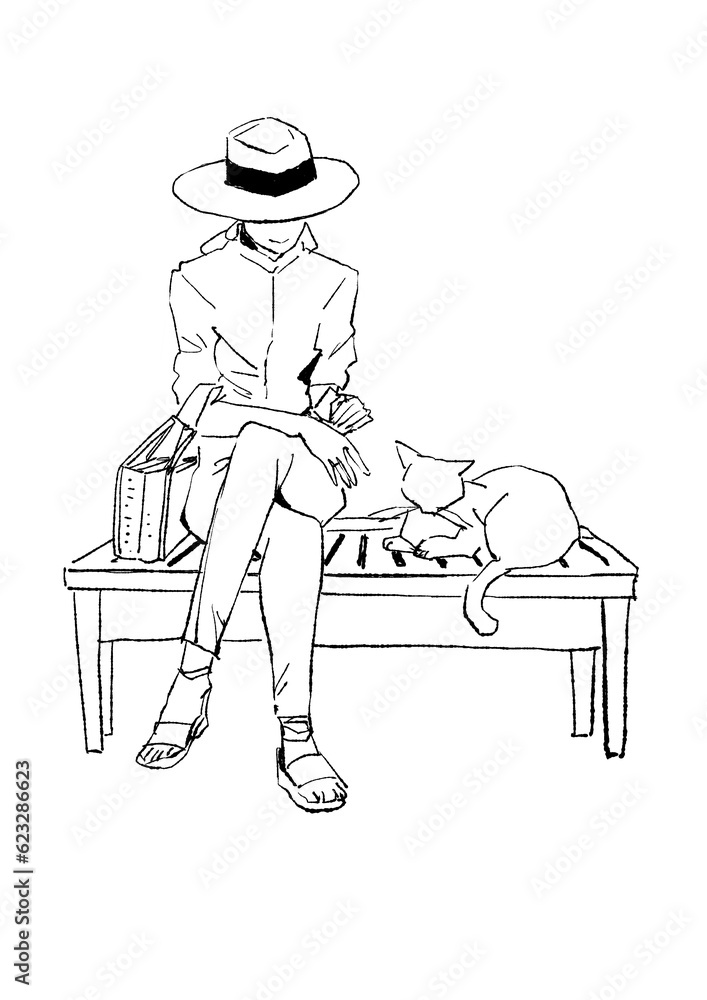 帽子を被りベンチに座った女性と猫のシンプルな線画イラスト 帽子を被りベンチに座った女性と猫のシンプルな線画イラスト