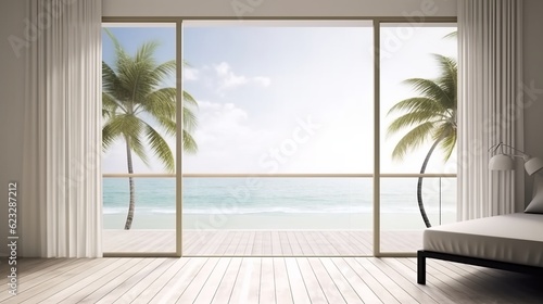 summer delight wooden balcony patio deck with sunlight and coconut tree panorama view house interior mock up design background house balcony daylight generative ai