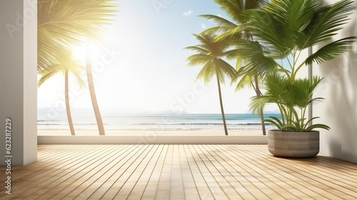 summer delight wooden balcony patio deck with sunlight and coconut tree panorama view house interior mock up design background house balcony daylight generative ai