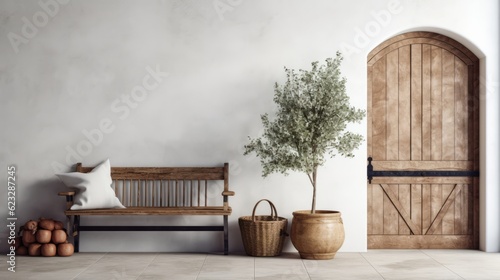 beautiful wooden door with old wood bench white background wall home interior design concept,generative ai