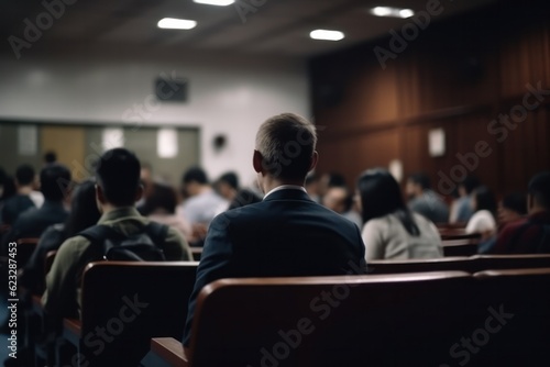 Rear view of unrecognizable people in the audience sitting at a lecture or meeting at the university. business and entrepreneurship or learning concept. Generative AI