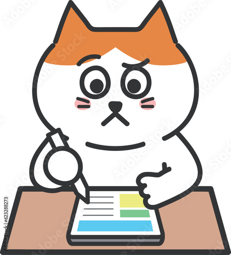 Cartoon tabby cat having a dubious face using a tablet PC, vector illustration.