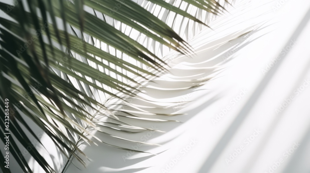 Fototapeta premium clean and clear white wall with shadow of tropical plam botany tree leaf pattern natural design template mockup for advertising backdrop,ai generate