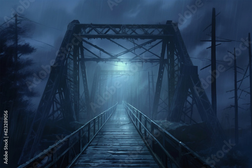 Generative AI.
anime style horror background, foggy old bridge photo