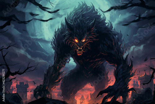 Generative AI. anime style horror background, werewolf