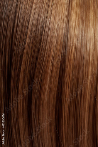 Close-up of a bunch of shiny straight natural light brown hair . Generative AI