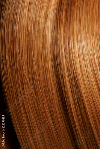 Close-up of a bunch of shiny straight natural hair in a copper-hazel shade . Generative AI