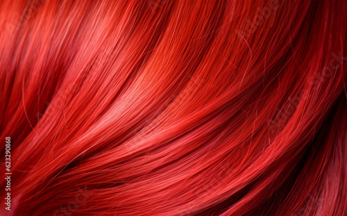 Close-up of a bunch of shiny straight hair dyed in bright red. direct pigments in hair coloring. social media content for beauty salons. hair dye color in the catalog.Generative AI