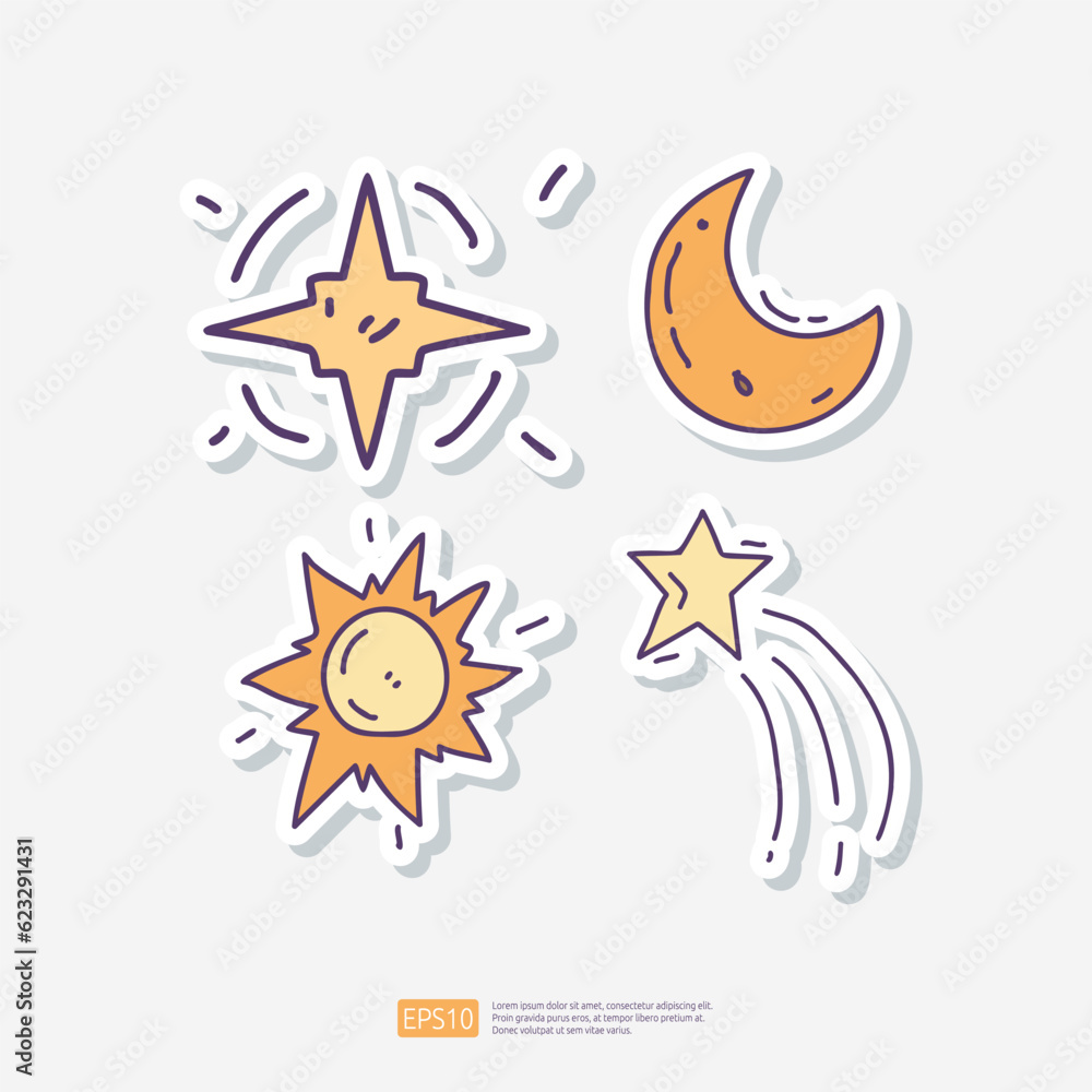 space galaxy star, half moon, Sun explosion, shooting star Doodle Sticker Icon Set. Space Adventure and Cosmos Vector illustration