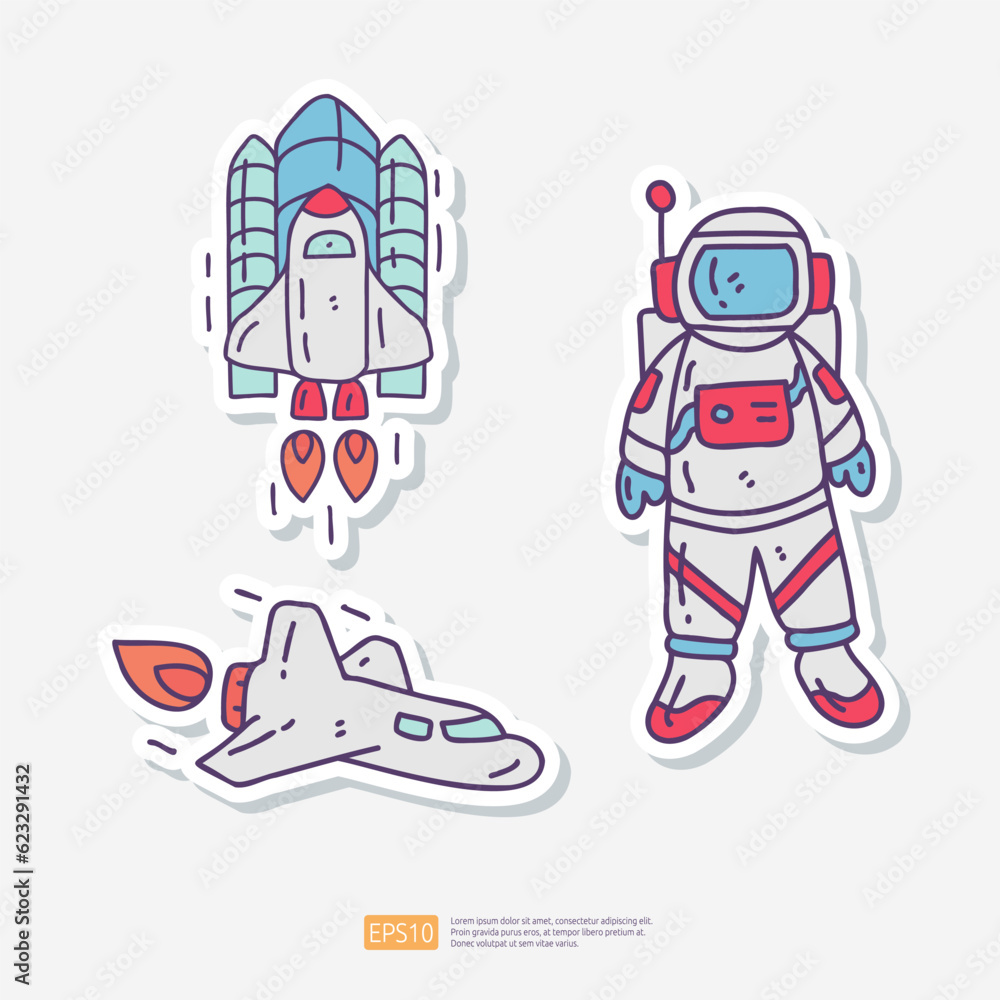 Naklejka premium Astronaut and Space Shuttle Rocket Doodle Sticker Icon Set. Space Adventure and Cosmos Vector illustration