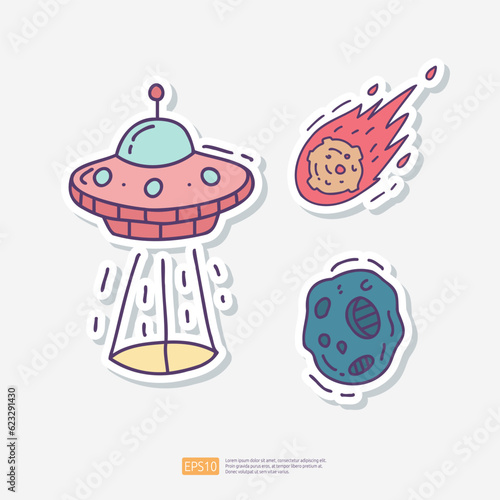 UFO Space Ship, Flying Fire Meteor, asteroid meteor Doodle Sticker Icon Set. Space Adventure and Cosmos Vector illustration