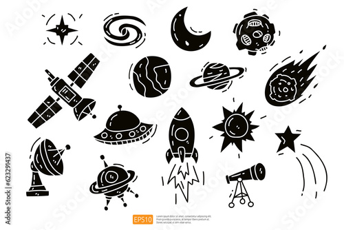 Space doodle icon set. Cosmos Hand drawn Vector illustration