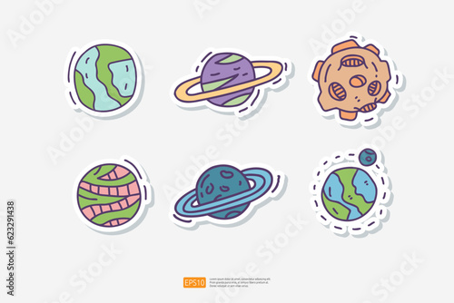 Earth and Moon Orbit, meteor asteroid, Ring Planet Saturn Doodle Sticker Icon Set. Space Adventure and Cosmos Vector illustration