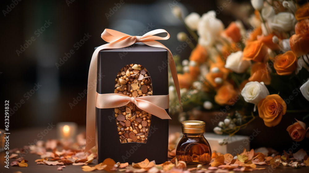Premium coffee packaging and bean with coffee glass and decorative elements on flower background. Product package for marketing luxury advertisement poster, Ads promo, ad banner. Generative AI Premium coffee packaging and bean with coffee glass and decorative elements on flower background. Product package for marketing luxury advertisement poster, Ads promo, ad banner. Generative AI