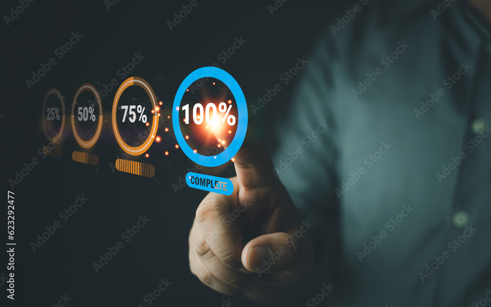 Man touching an icon of 100 percent on a virtual screen. Timeline to successful project. Project and work complete, completing a large project. Task priority and management - obrazy, fototapety, plakaty 