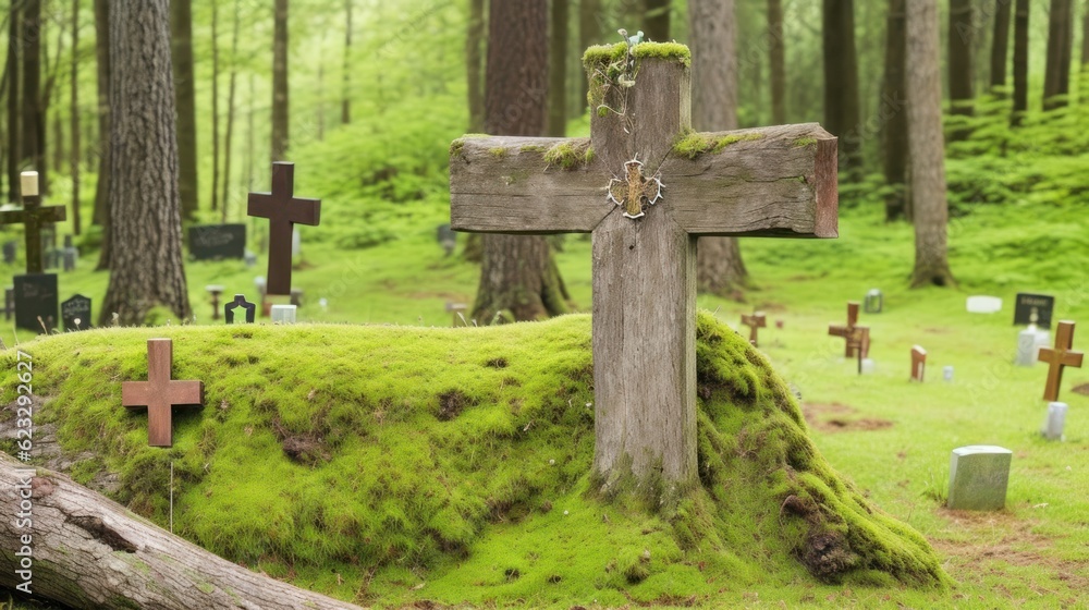 The cross was placed in a grave in a quiet, green forest.generative ai The cross was placed in a grave in a quiet, green forest.generative ai