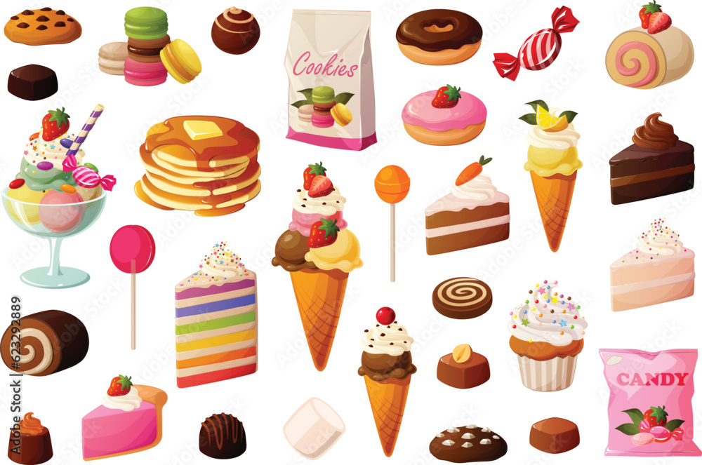Cute vector illustration of various sweet sugar baked goods, candy and ice cream. Cute vector illustration of various sweet sugar baked goods, candy and ice cream.