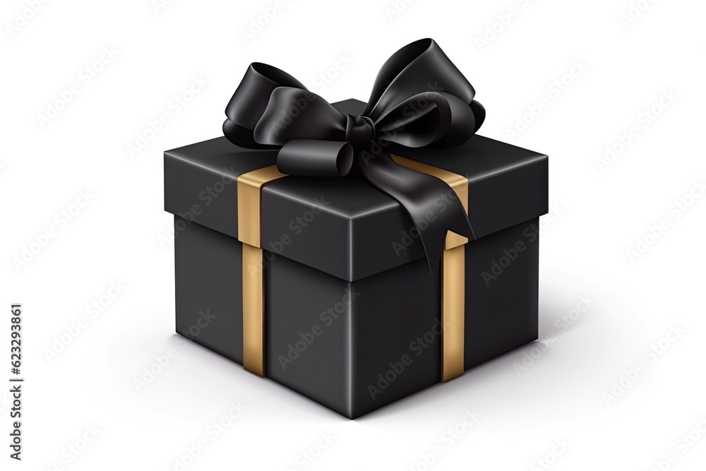 luxurious black gift box with a shimmering gold ribbon. Generative AI luxurious black gift box with a shimmering gold ribbon. Generative AI