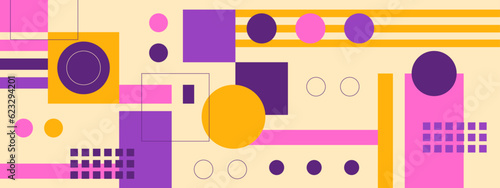 Abstract Geometric Pattern Artwork. Retro colors and color background. Grid with colored geometric shapes. Modern abstract promotional flyer, background, brochure, pattern.