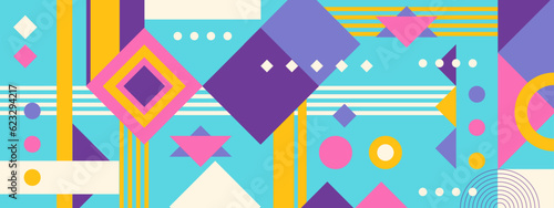 Abstract Geometric Pattern Artwork. Retro colors and color background. Grid with colored geometric shapes. Modern abstract promotional flyer, background, brochure, pattern.