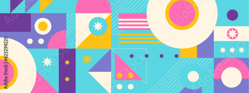 Abstract geometric backgrounds set isolated over white, vector design elements in retro style of the 70s, modern modular compositions with colorful geometrical shapes.