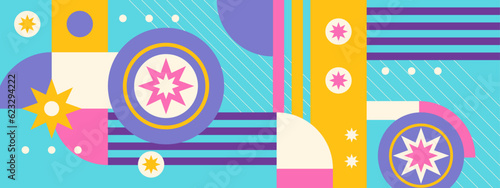 Abstract Geometric Pattern Artwork. Retro colors and color background. Grid with colored geometric shapes. Modern abstract promotional flyer, background, brochure, pattern.