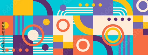 Abstract Geometric Pattern Artwork. Retro colors and color background. Grid with colored geometric shapes. Modern abstract promotional flyer, background, brochure, pattern.