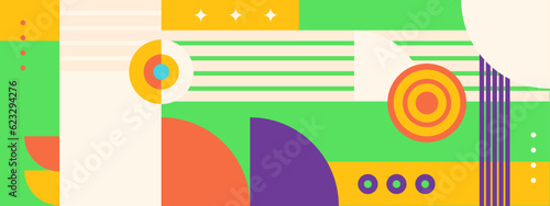 Abstract Geometric Pattern Artwork. Retro colors and color background. Grid with colored geometric shapes. Modern abstract promotional flyer, background, brochure, pattern.