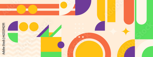 Abstract Geometric Pattern Artwork. Retro colors and color background. Grid with colored geometric shapes. Modern abstract promotional flyer, background, brochure, pattern.