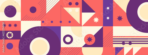 Abstract Geometric Pattern Artwork. Retro colors and color background. Grid with colored geometric shapes. Modern abstract promotional flyer, background, brochure, pattern.
