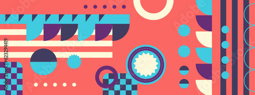 Abstract Geometric Pattern Artwork. Retro colors and color background. Grid with colored geometric shapes. Modern abstract promotional flyer, background, brochure, pattern.