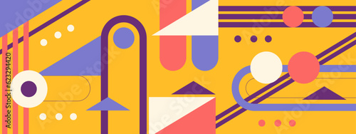 Abstract Geometric Pattern Artwork. Retro colors and color background. Grid with colored geometric shapes. Modern abstract promotional flyer, background, brochure, pattern.